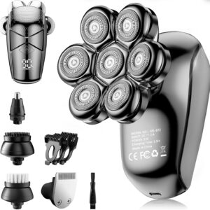 Detachable Head Shavers, SHPAVVER 5 in 1 Electric Razor IPX7 Waterproof for Bald Men, Wet Dry LED Display Rechargeable 7D Rotary Shaver Grooming Kit with Type C Charge A，Gray Black
