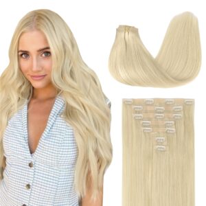 GOO GOO Clip in Hair Extensions Real Human Hair, Remy Human Hair Extensions Clip ins for Women, Natural Human Hair, 24inch 120g 7Pcs, 60A Platinum Blonde