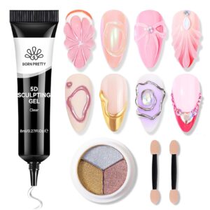 BORN PRETTY 5D Nail Gel and Chrome Nail Powder Kit, 2pcs No Wipe Clear 5D Sculpting Gel for Nail Art & 3 Colors Solid Metallic Chrome Powder Set for Gel Nail Art Decoration Home Manicure DIY