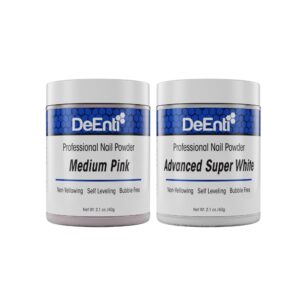 DeEnti Pink & White Acrylic Nail Powder Set> Medium Pink 2oz + Bright White 2oz> Professional Powder for Manicure> Nail Art> Carving and Extensions