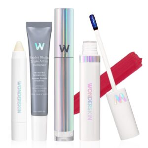 Wonderskin Wonder Blading Lip Stain Super Set – Long Lasting Pink Tint With Clear Top Gloss, Lip Exfoliator Scrub & Makeup Remover (First Kiss)