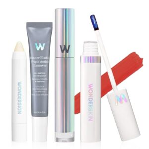 Wonderskin Wonder Blading Lip Stain Super Set – Long Lasting Pink Tint With Clear Top Gloss, Lip Exfoliator Scrub & Makeup Remover (Glamorous)