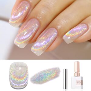 Double Rhythm Jelly Glass Cat Eye Gel Polish with Magnet 15ML Holographic Glitter Shimmer Translucent Sheer Color Magnetic Nail Polish Salon DIY at Home (Rainbow Sliver-MC1098)