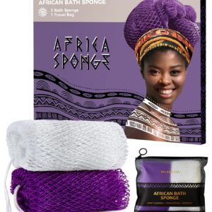African Net Sponge Authentic – 2 Pieces Exfoliating Body Scrubber Bath Sponge – Back Scrubber Washcloth for Shower White&Purple – Real African Scrub Exfoliator Body Care Bathing Accessorie
