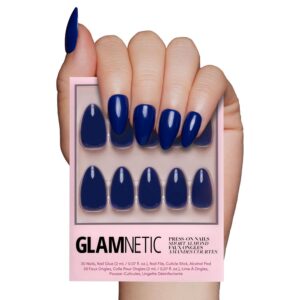 Glamnetic Press On Nails – Midnight Blue | Opaque Dark Navy Blue Short Almond False Nails, Reusable Stick On Fake Nails with Glue | Salon Quality | 15 Sizes – 30 Nail Kit