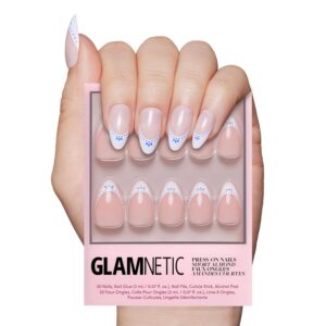Glamnetic Press On Nails – Santorini | Semi-Transparent Blue and White French Tip Short Almond Nails, Reusable | 15 Sizes – 30 Nail Kit