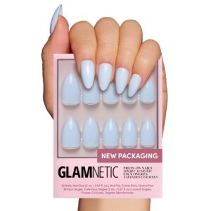 Glamnetic Press On Nails – Blueberry Milk | Solid Opaque Light Blue Short Almond Nails, Reusable | 15 Sizes – 30 Nail Kit