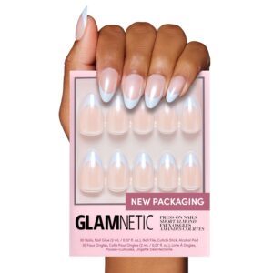 Glamnetic Press On Nails – Blueberry Icing | Short Almond Baby Blue French Tip Nails with a Glaze Finish | 15 Sizes – 30 Nail Kit with Glue