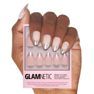 Glamnetic Press On Nails – Mirror Mirror | Trendy Short Almond Nails with Metallic Chrome Silver French Tips | 15 Sizes – 30 Nail Kit with Glue