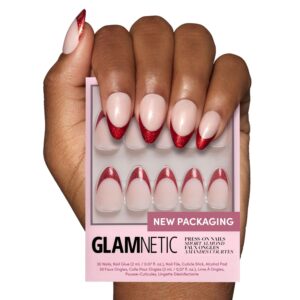 Glamnetic Press On Nails – Red Affair | Short Almond Red Glitter French Tip Nails with a Glossy Finish | 15 Sizes – 30 Nail Kit with Glue