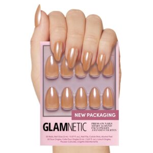 Glamnetic Press On Nails – Maple Glaze | Short Almond Nude Brown Neutral Nails with Glaze Finish | 15 Sizes – 30 Nail Kit with Glue