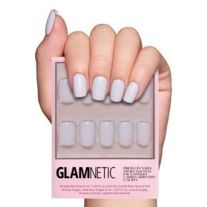 Glamnetic Press On Nails – Lilac Gray | Opaque Pale Light Lilac Gray Short Squoval False Nails, Reusable Stick On Fake Nails with Glue | Salon Quality | 15 Sizes – 30 Nail Kit