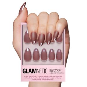 Glamnetic Press On Nails – Terra | Short Almond Dark Brown Nails with Glossy French Tips in a Matte Finish | 15 Sizes – 30 Nail Kit with Glue