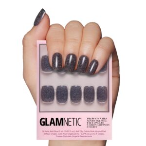 Glamnetic Press On Nails – Cosmic | Semi-Transparent Sparkly Black Short Squoval Fake Nails with a Glossy Finish, Reusable | 15 Sizes – 30 Nail Kit with Glue