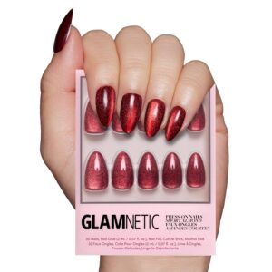 Glamnetic Press On Nails – Ruby Slipper | Deep Red Sparkly Short Almond Fake Nails with a Velvet Finish, Reusable | 15 Sizes – 30 Nail Kit with Glue