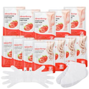24 Pcs Moisturizing Hand and Foot Masks Hydrating Gloves Socks Masks for Dry Crack Foot Hand Skin Gift for Women Men Soft Smooth Touch Thanksgiving Christmas Gift (Strawberry)