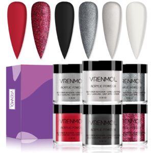 Vrenmol Acrylic Powder Set with 6 Colors Red Black Grey Glitter Polymer Nail Powder Kit> Office Lady Series Acrylic Nails Extension and 3D Nail Art No Need Nail Lamp