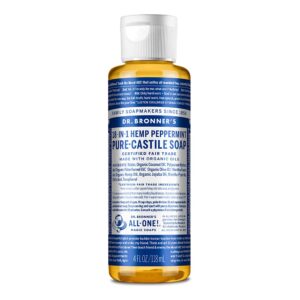 Dr. Bronner’s – Pure-Castile Liquid Soap (Peppermint, 4 ounce) – Made with Organic Oils, 18-in-1 Uses: Face, Body, Hair, Laundry, Pets and Dishes, Concentrated, Vegan, Non-GMO