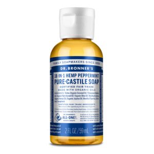 Dr. Bronner’s – Pure-Castile Liquid Soap (Peppermint, Travel Size, 2 ounce) – Made with Organic Oils, 18-in-1 Uses: Face, Body, Hair, Laundry, Pets and Dishes, Concentrated, Vegan, Non-GMO
