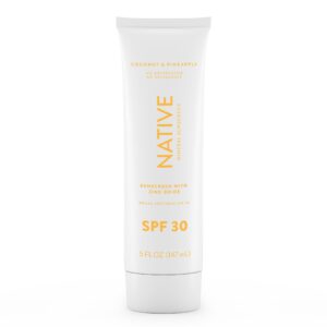 Native Sunscreen SPF 30, Zinc Oxide Dermatologist Tested Suitable for Sensitive Skin & Hawaii Compliant, 5 Ounces | Pineapple & Coconut Scent Sun Protection Lotion, Lightweight & Smooth