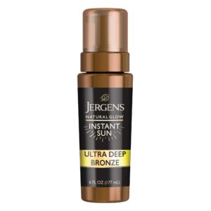 Jergens Natural Glow Instant Sun Body Mousse, Self Tanner for Ultra Deep Bronze Tan, Sunless Tanning Body Bronzer, Natural Looking Fake Tan, 6 Oz