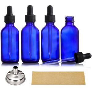 AOZITA 4 Pack, 2 oz Dropper Bottles with 1 Funnel & 4 Labels – 60ml Thick Dark Blue Glass Tincture Bottles with Eye Droppers – Leakproof Essential Oils Bottles for Health, Personal Care & Beauty