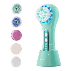 UMICKOO Face Scrubber Exfoliator,Facial Cleansing Brushes Rechargeable IPX7 Waterproof with 5 Brush Heads,Electric Face Spin Brush for Exfoliating, Massaging and Deep Cleansing (Mint Green)