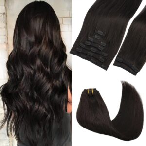 GOO GOO Clip in Hair Extensions Real Human Hair, Remy Human Hair Extensions Clip ins for Women, Natural Human Hair, 14inch 150g 9Pcs, 2 Dark Brown