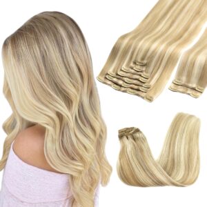 GOO GOO Clip in Hair Extensions Real Human Hair, Remy Human Hair Extensions Clip ins for Women, Natural Human Hair, 14inch 150g 9Pcs, 18A/613A Dark Blonde Highlighted Bleach Blonde