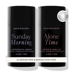 Each & Every Aluminum Free Deodorant for Women & Men, Lavender & Lemon + Cedar & Vanilla – All Natural Deodorant for Sensitive Skin, EWG Verified – Clean, Baking Soda-Free, Plant-Based – 2.5oz, 2 Pack