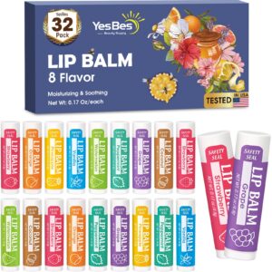 YesBes 32 Pack Lip Balm, Natural Lip Balm Bulk with Vitamin E and Coconut Oil, Moisturizing Lip Balms for Dry Cracked Lips, Lip Balms for Stocking Stuffers – 8 Flavors