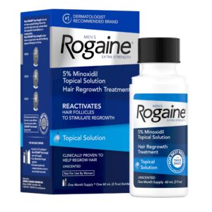 Men’s Rogaine Extra Strength 5% Minoxidil Topical Solution for Hair Loss & Regrowth, Topical Treatment for Men, Unscented Minoxidil Follicle Booster Liquid, 1-Month Supply, 2 fl. oz