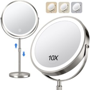 10x Large Lighted Makeup Mirror, Rechargeable 8″ Height Adjustable Vanity Mirror, 1x/10x Magnifying Mirror with 3 Color, Brightness Adjustable, 360° Rotation Double Sided Mirror, Gift for Her(Nickel)