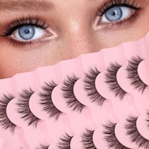 Natural Lashes False Eyelashes Wispy 16mm Fluffy Eyelash C Curl Weightless Lash Pack 0.1MM Thin Band 3D Volume Soft Lashes Siligli 7 Pair