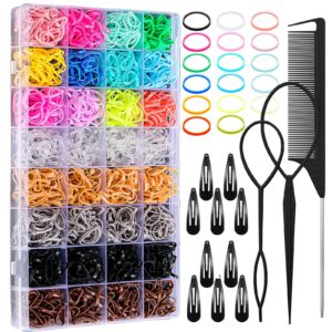 auroray Hair Ties, 17 Colors Elastic Hair Rubber Bands, 2000 Pcs Baby Hair Ties with Hair Styling Tools Organizer Box for Girls, Women, Toddler
