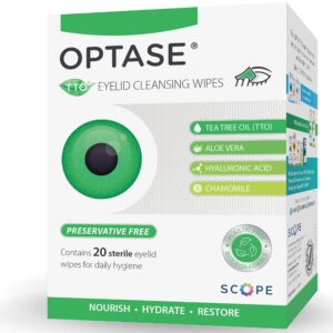 OPTASE TTO Eyelid Cleansing Wipes, Box of 20 – Individually Wrapped Eyelid Wipes With Tea Tree Oil – Cleanser & Eye Makeup Remover for Dry Eyes, Stye, Blepharitis Treatment