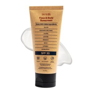 Sky and Sol Natural Mineral Sunscreen SPF 30 3 oz: Natural Tallow & Zinc Oxide, Reef Safe, Water Resistant, Fragrance-Free, Non-Greasy Formula for Face and Body