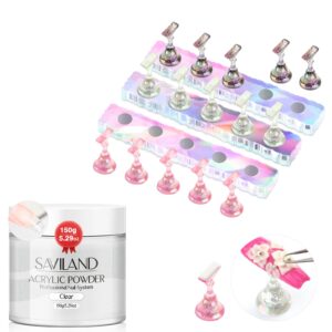 Saviland Clear Acrylic Powder 5.29OZ Large Capacity Acrylic Nail Powder Polymer Beginner Nail Stand for Press On Nails Display Strong Magnet Fake Nail Holder Painting Nails Flase Finger Holder