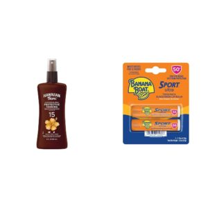 Hawaiian Tropic SPF 15 Tanning Oil Spray with Coconut Oil and Cocoa Butter, 8oz & Banana Boat SPF 50 Lip Sunscreen Twin Pack