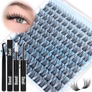 PHKERATA Natural Lash Clusters Kit Wispy Lash Extension Kit Cluster Eyelash Extensions Kit 110pcs DIY Eyelash Clusters at Home Individual Lashes with Lash Glue Bond and Seal and Tweezers, 10-16mm Mix