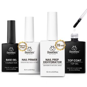 Beetles 4 Pcs 15ml Gel Top Coat and Base Coat Set with Nail Dehydrator and Primer,Professional Nail Prep Acid-Free & Hema-Free Dehydrate Bond Primer Set for Acrylic and Gel Nail Polish