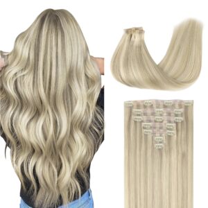 GOO GOO Clip in Hair Extensions Real Human Hair, Remy Human Hair Extensions Clip ins for Women, Natural Human Hair, 14inch 110g 7Pcs, 17A/60A Ash Blonde Highlighted Platinum Blonde