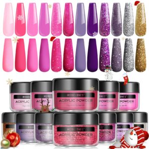 Modelones Acrylic Powder> 12 Colors Pink Glitter Acrylic Nail Powder> Professional Polymer Nails> Violet Purple Nail Acrylic Powder for 3D Manicure Nail Extension French Nails> No Nail Lamp Needed