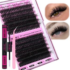 Yawamica Fluffier Lash Clusters Kit 150D+200D Thick Volume Lash Extension Kit 14-20mm Wispy Eyelash Clusters Individual Lashes Kit with Lash Bond, Lash Remover, Lash Applicator for DIY Lash Extension