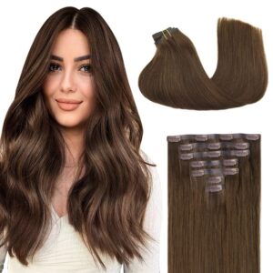 GOO GOO Clip in Hair Extensions Real Human Hair, Remy Human Hair Extensions Clip ins for Women, Natural Human Hair, 14inch 110g 7Pcs, 4A Chocolate Brown