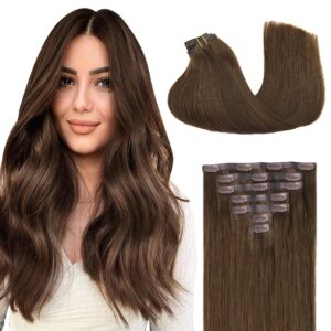 GOO GOO Clip in Hair Extensions Real Human Hair, Remy Human Hair Extensions Clip ins for Women, Natural Human Hair, 24inch 120g 7Pcs, 4A Chocolate Brown