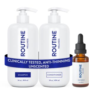 Routine Wellness Shampoo and Conditioner Set and Hair Serum for Thinning Hair – DHT Blocker Women & Men – Color Safe Shampoo for Hair Loss & Healthier Hair – Unscented Set + Serum