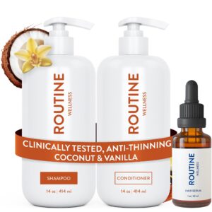 Routine Wellness Shampoo and Conditioner Set and Hair Serum for Thinning Hair – DHT Blocker Women & Men – Color Safe Shampoo for Hair Loss & Healthier Hair – Coconut & Vanilla Set + Serum
