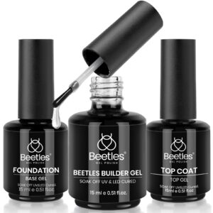 Beetles 3Pcs 15ml Builder Nail Gel with No Wipe Top Coat Gel Nail Polish and Base Coat Set for Nails Shine Finish and Long Lasting Nail Protection Gift for Women