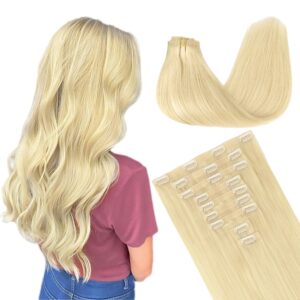 GOO GOO Clip in Hair Extensions Real Human Hair, Remy Human Hair Extensions Clip ins for Women, Natural Human Hair, 14inch 130g 9Pcs, 613R Bleach Blonde